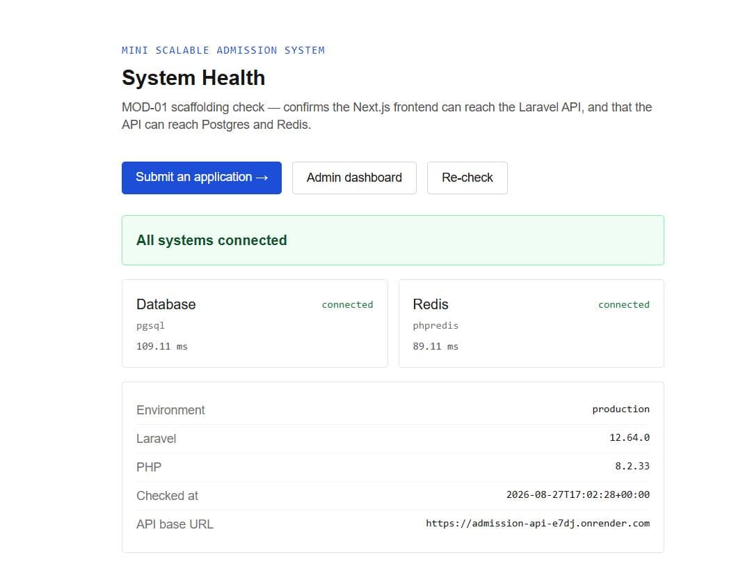 System health page showing Postgres and Redis both connected with per-service latency, plus the runtime environment table