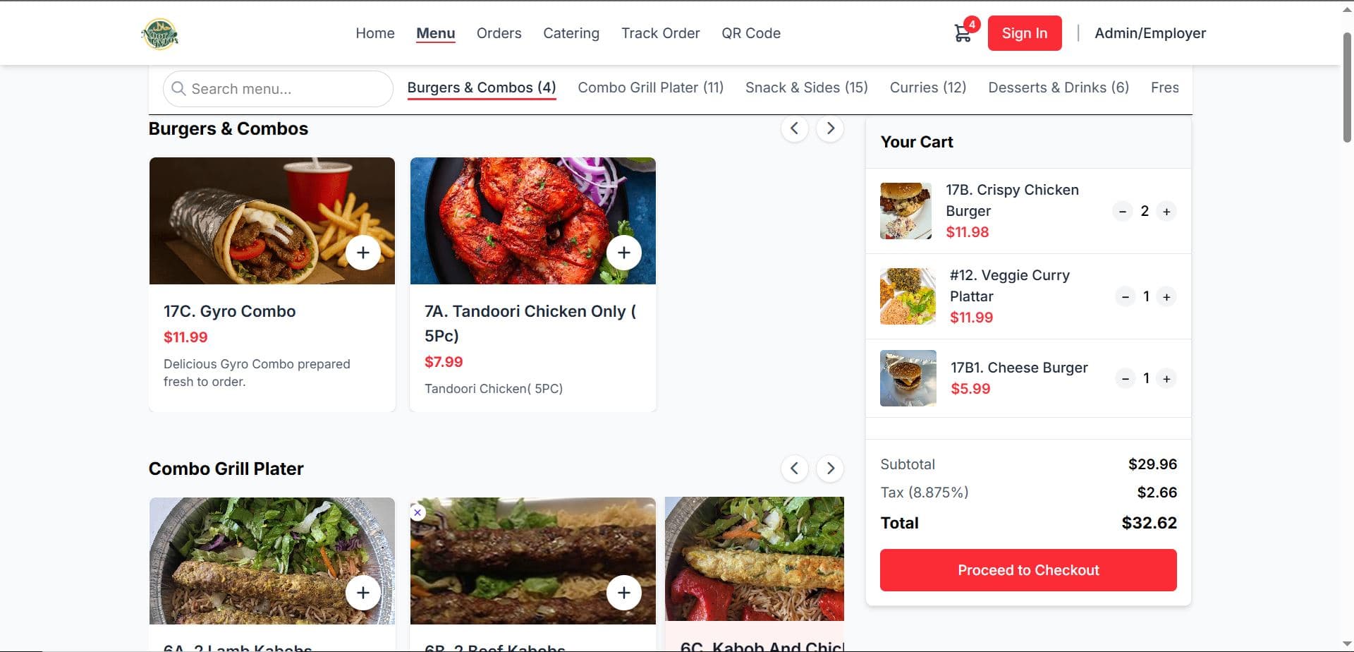 Noor Food Huntington customer menu and ordering page with cart