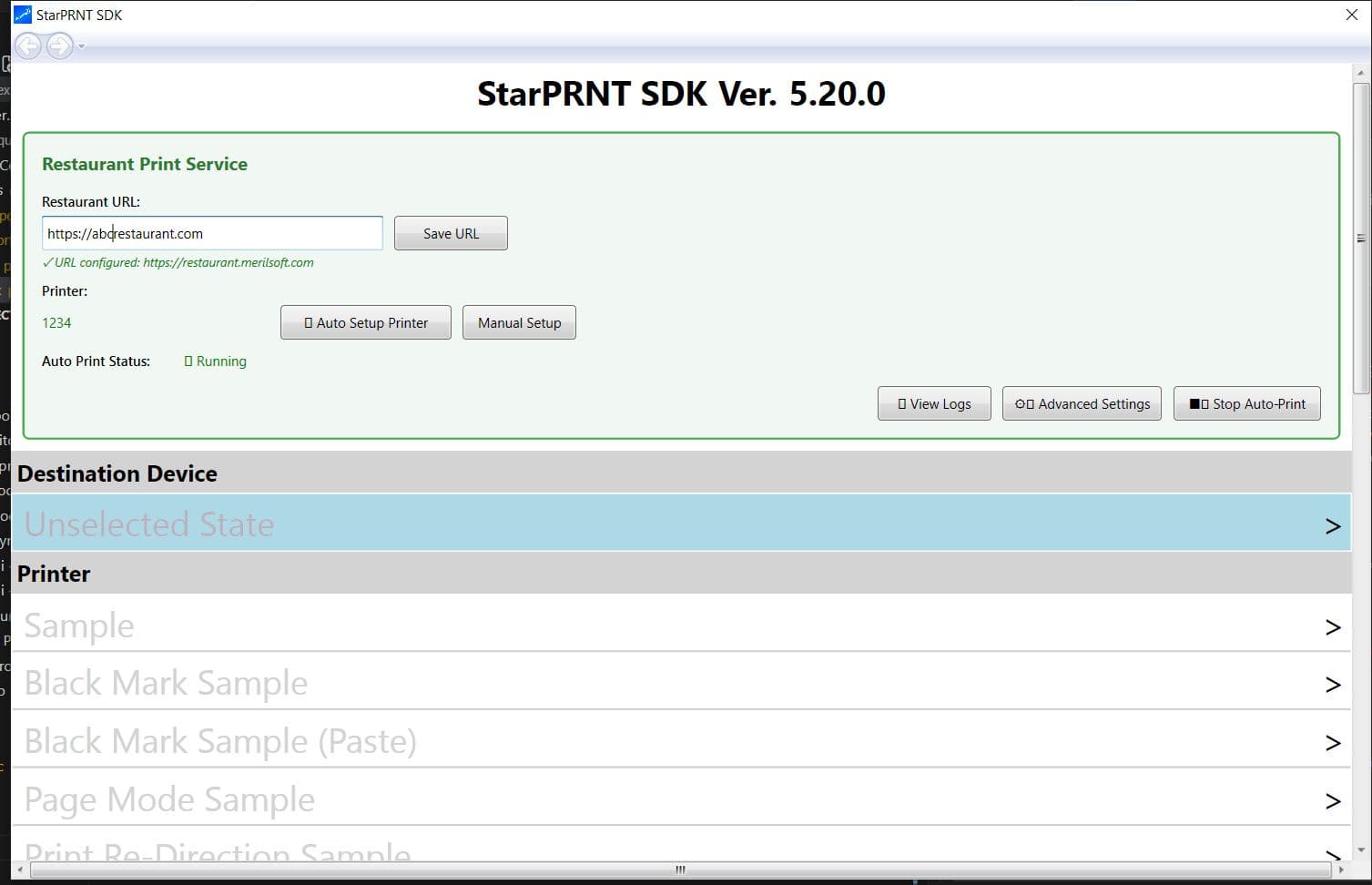 StarPRNT SDK thermal printer configuration screen