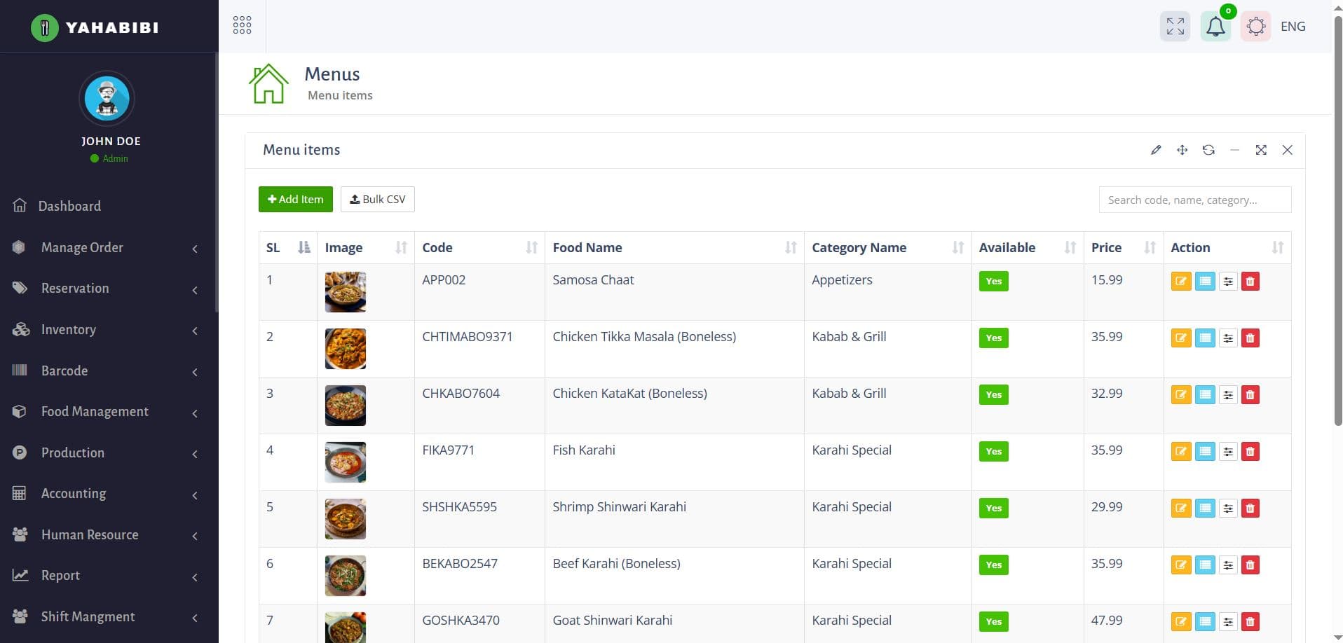 Yahabibi Kabab admin menu items management table